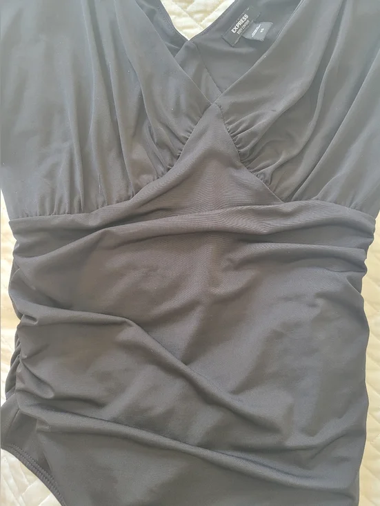 EXRESS Body Contour Ruched Black Bodysuit XS V Neck Sculpting Minimalist - Picture 4 of 7